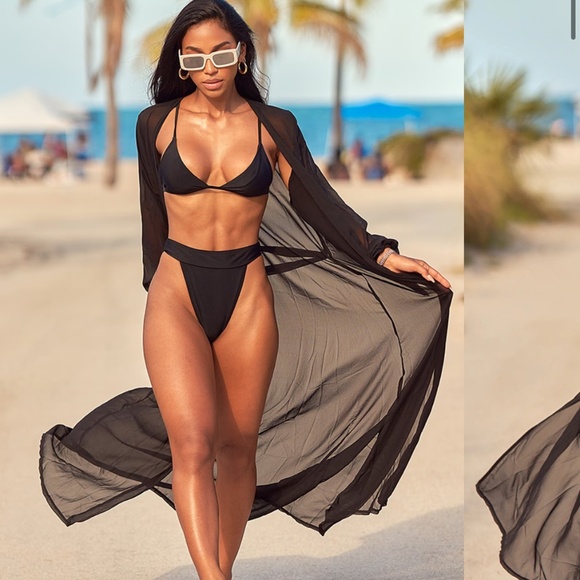 PrettyLittleThing Other - Black/white maxi belted beach kimono